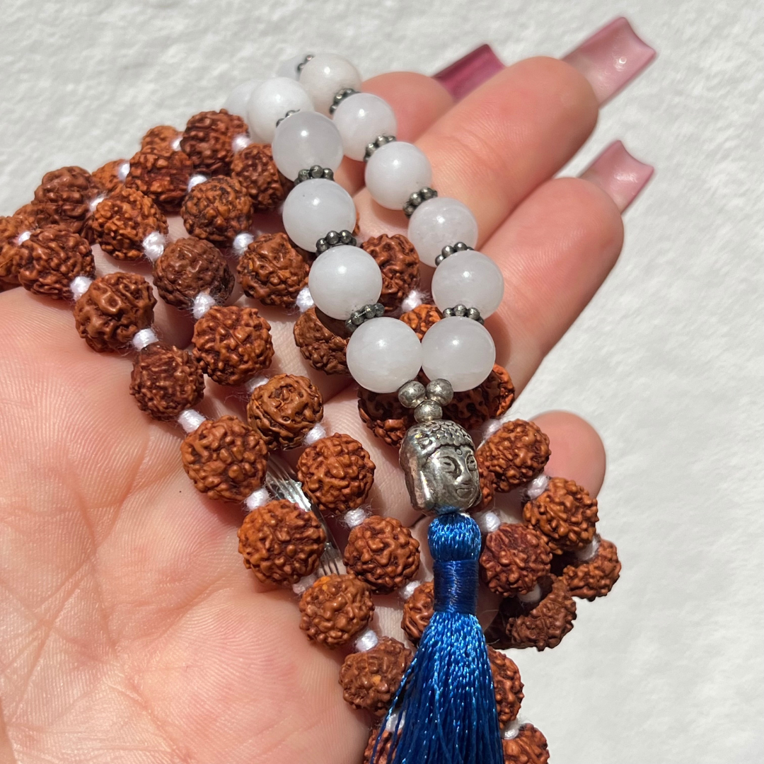 Japamala Quartzo Cristal e Rudraksha com 108 contas de 8mm