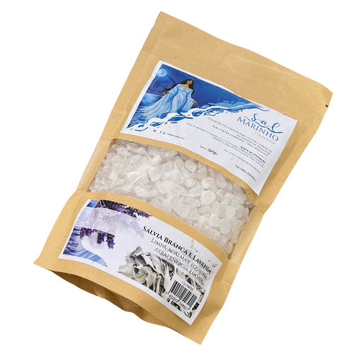 Mistura espiritual de sal grosso, sálvia branca e lavanda natural
