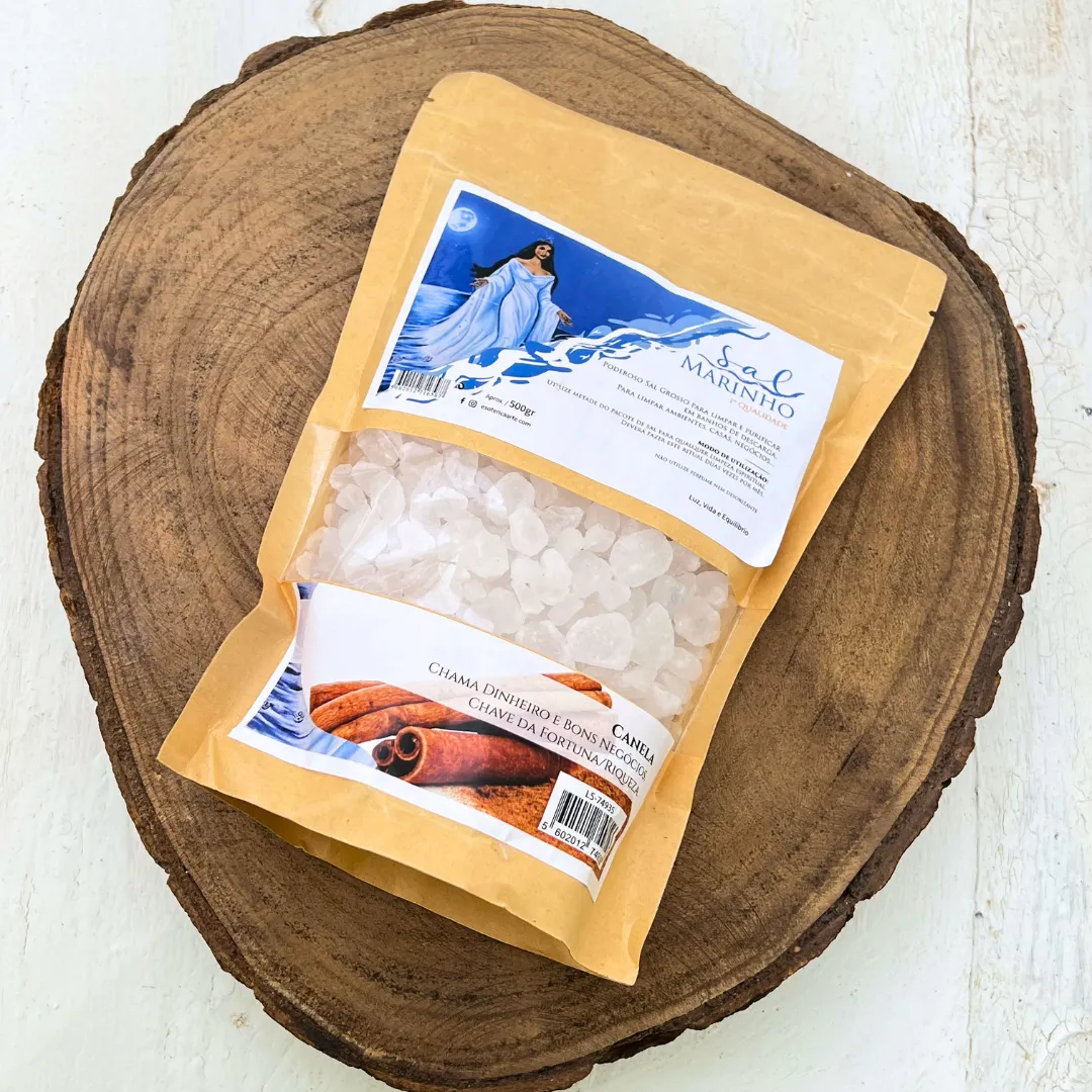 Mistura de banho espiritual com sal grosso e canela aromática disponivel na Sol Lua Milfontes