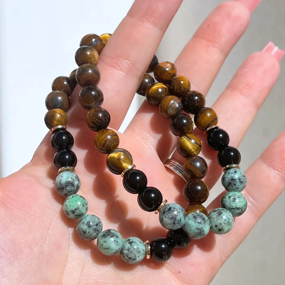 Pulseira Olho de Tigre, Turquesa e Ónix 8mm disponivel na Sol Lua Milfontes