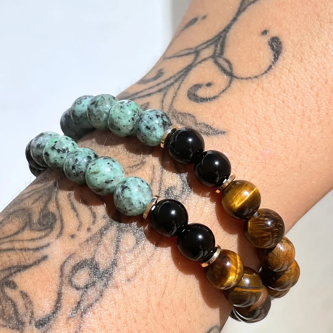 Pulseira Olho de Tigre, Turquesa e Ónix com contas de 8mm
