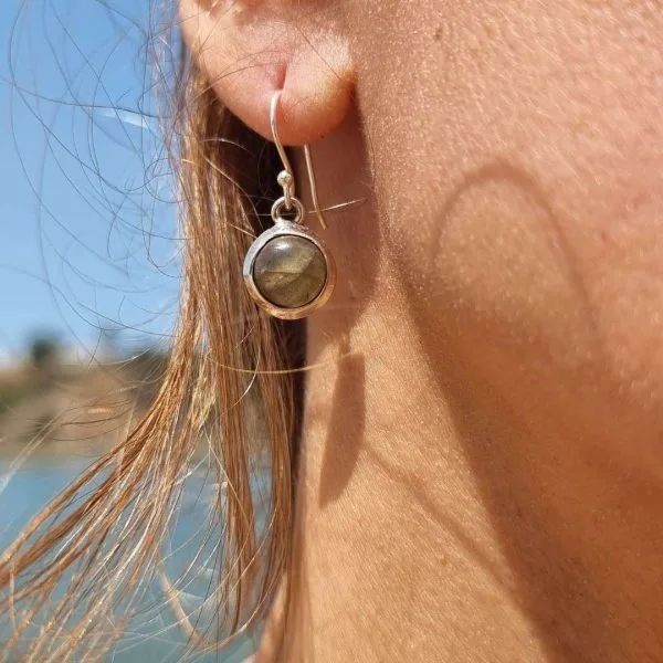 Brincos Labradorite - Redondo Prata