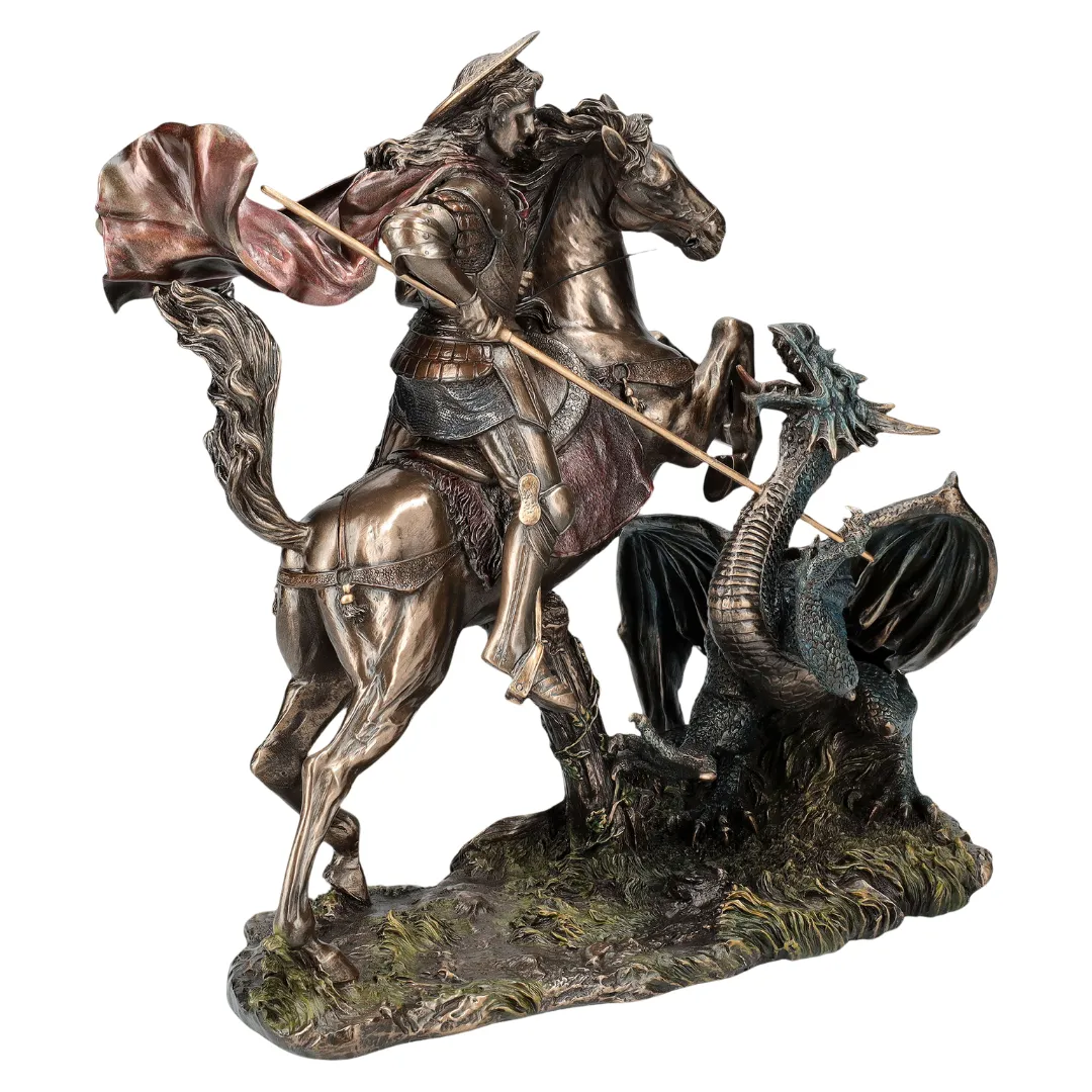 Estátua espiritual de São Jorge com armadura e dragão vencido
