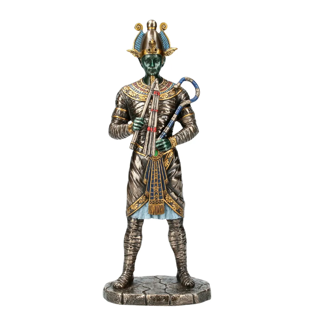 Escultura de Osíris em resina com detalhes inspirados na mitologia egípcia