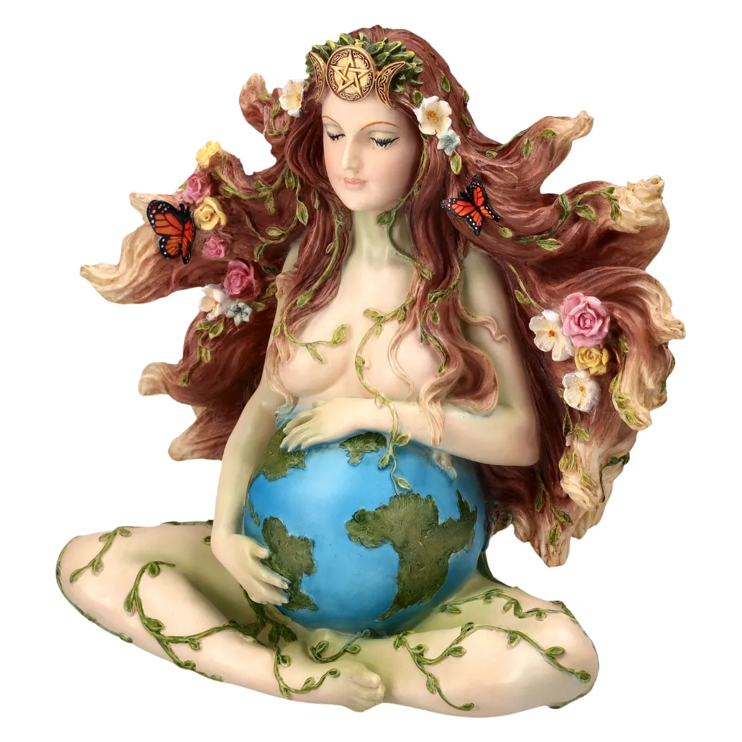 Estátua de Gaia com simbolismo espiritual e conexão profunda com a natureza