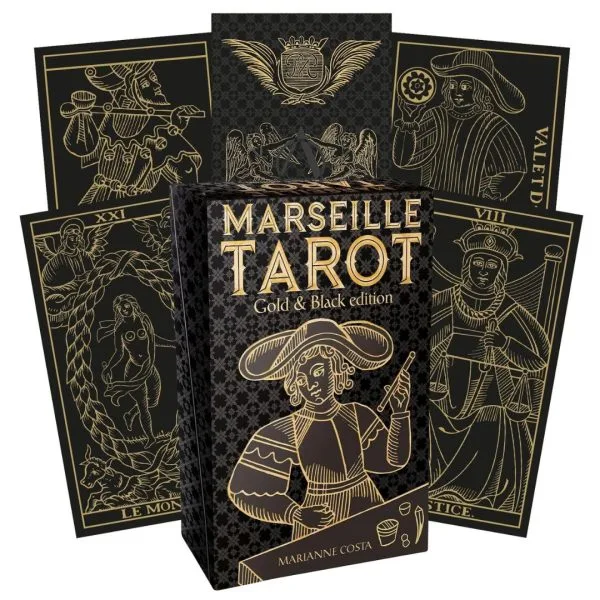 Tarot Marselha "Gold & Black", experimente o clássico Tarot como nunca antes com esta deslumbrante edição em ouro e preto.