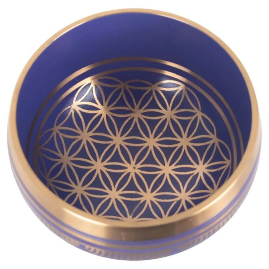 Taça Tibetana Flor da Vida Azul vista de cima com símbolo de geometria sagrada em dourado