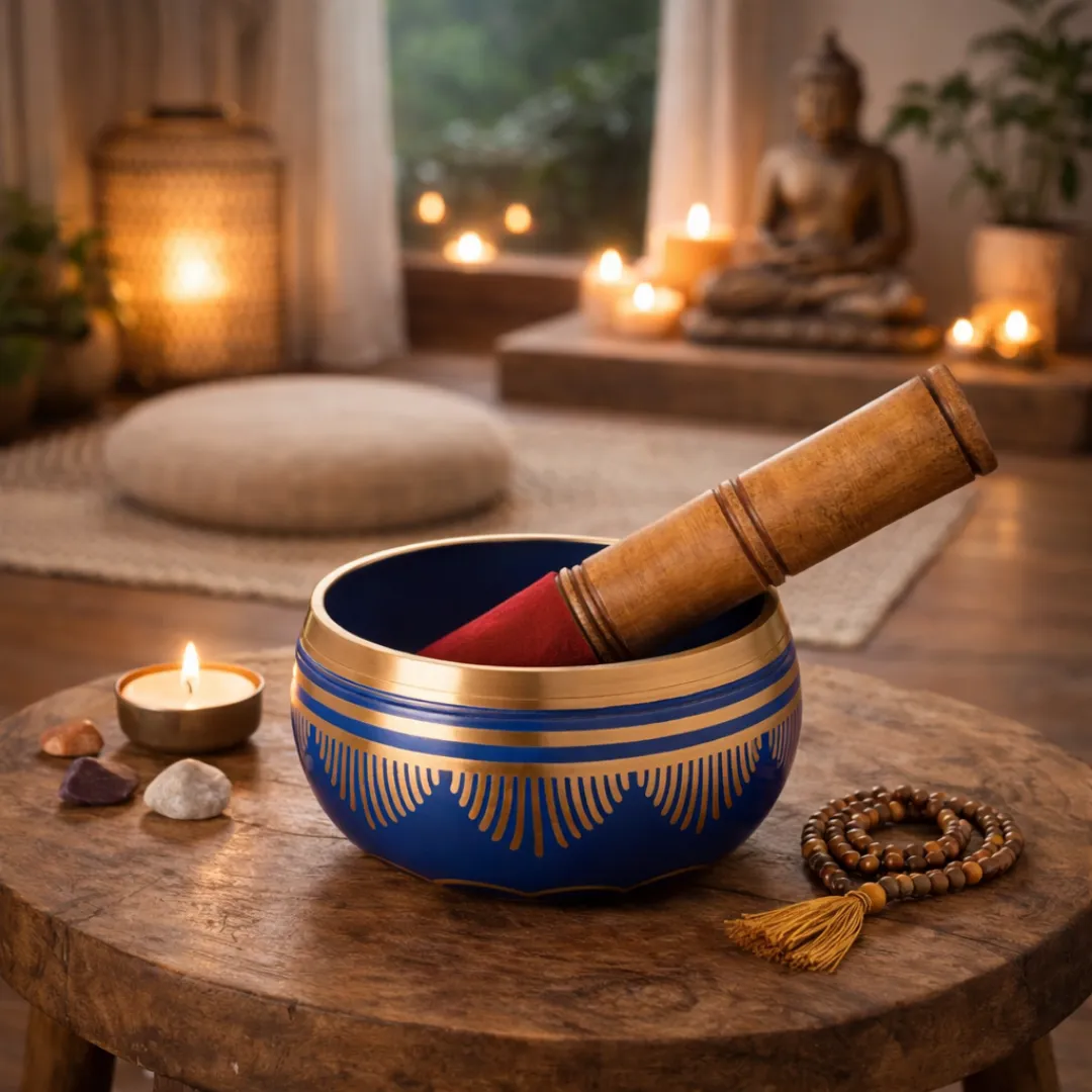 Detalhe da Taça Tibetana Flor da Vida Azul com acabamento dourado e design artesanal