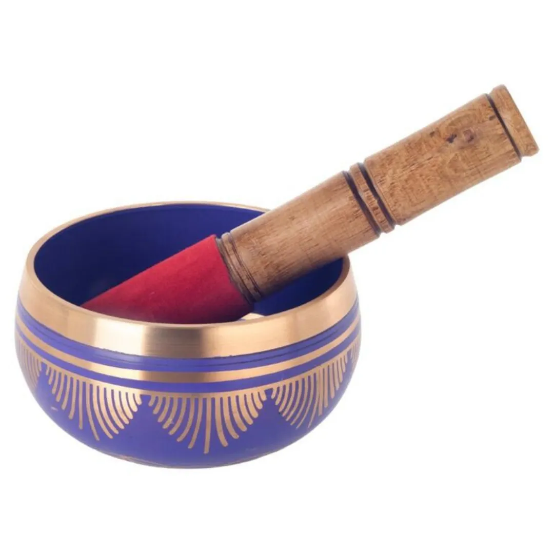Taça Tibetana Flor da Vida Azul com batente em madeira sobre superfície de madeira
