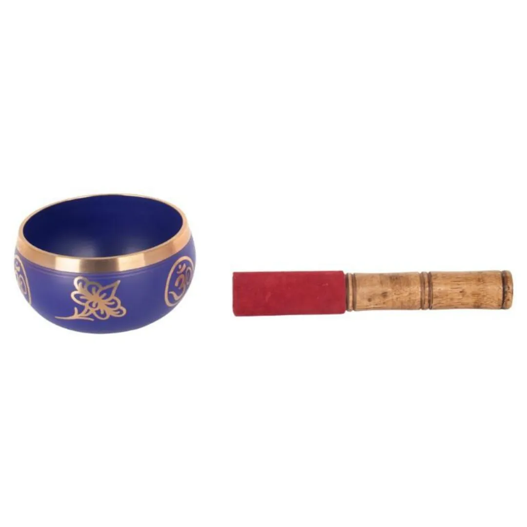 Taça Tibetana Om Azul com batente em madeira vista lateral