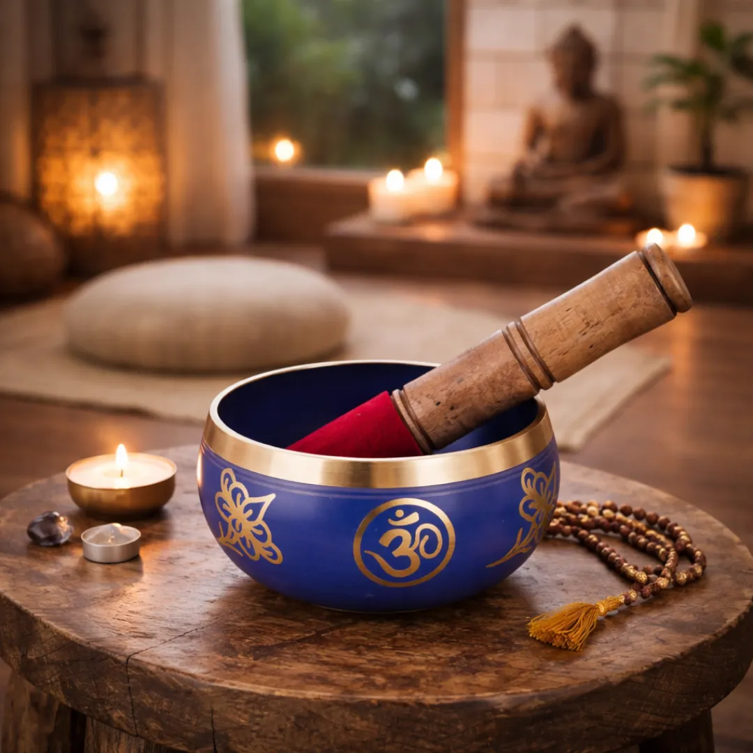 Taça Tibetana Om Azul em ambiente de meditação com velas