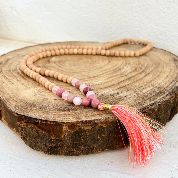 Japamala Tulsi, Thulite e Quartzo Rosa Qualidade AA - 8mm