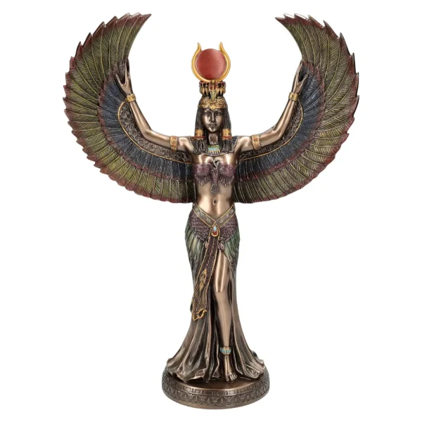 Estátua de Ísis deusa egípcia com asas abertas simbolizando proteção espiritual disponivel na Sol Lua Milfontes