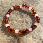 Pulseira Âmbar Conhaque e Quartzo Rosa – 5mm Bebé