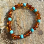 Pulseira Âmbar Conhaque e Turquesa – 5mm Bebé