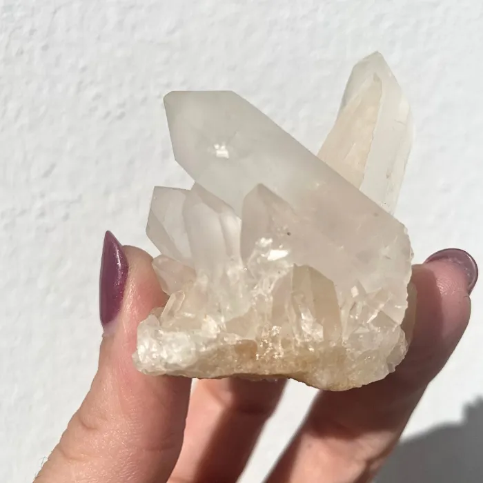 Várias pontas de Quartzo Cristal desenvolvem-se naturalmente sobre a mesma base, criando uma estrutura harmoniosa e visualmente impressionante.