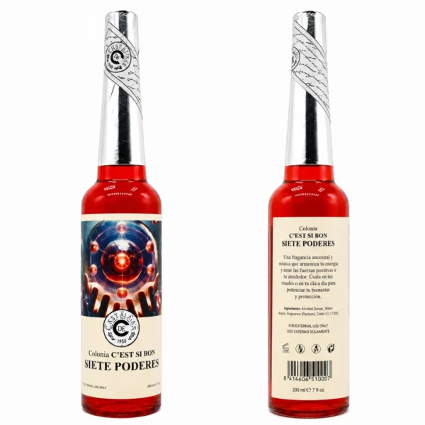 Frente e verso da Colónia C’est Si Bon Sete Poderes 200ml em fundo branco