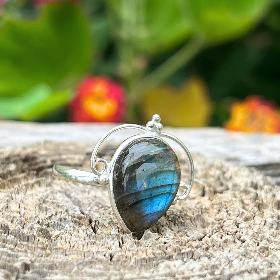 Anel Labradorite com cristal 100% natural